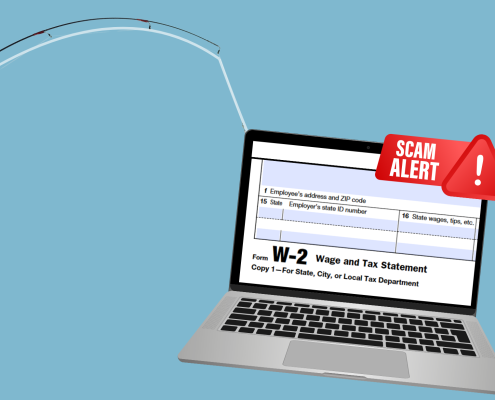 laptop with tax scam alert on fishing hook